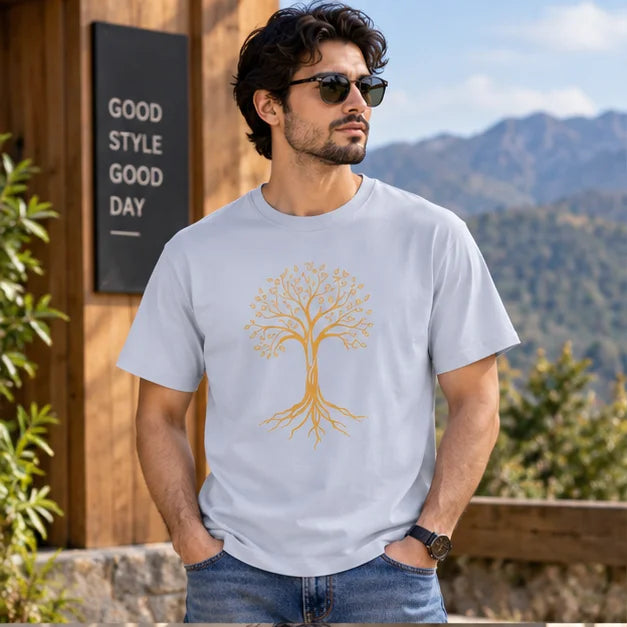 Men’s Mocha Brown Tree of Life Graphic Oversized T-Shirt – Nature Inspired Printed Tee