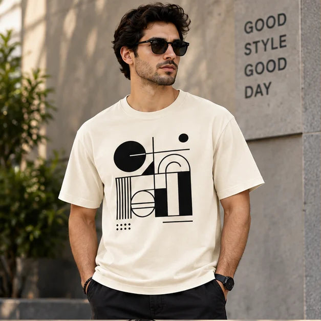 Men’s Olive Green Abstract Geometric Graphic Oversized T-Shirt – Modern Streetwear Tee