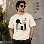 Men’s Olive Green Abstract Geometric Graphic Oversized T-Shirt – Modern Streetwear Tee