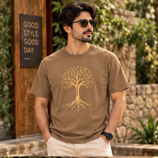 Men’s Mocha Brown Tree of Life Graphic Oversized T-Shirt – Nature Inspired Printed Tee