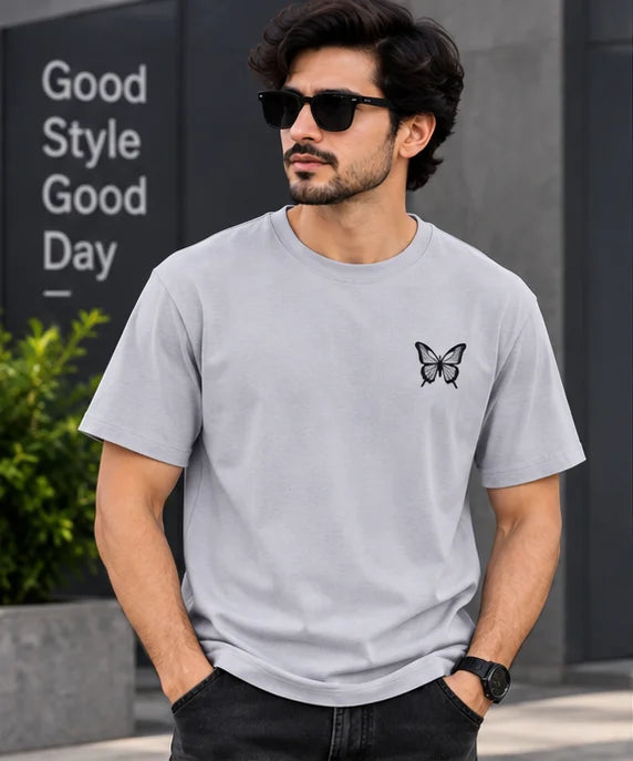 Men’s Light Grey Butterfly Graphic Oversized T-Shirt – Minimal Streetwear Tee
