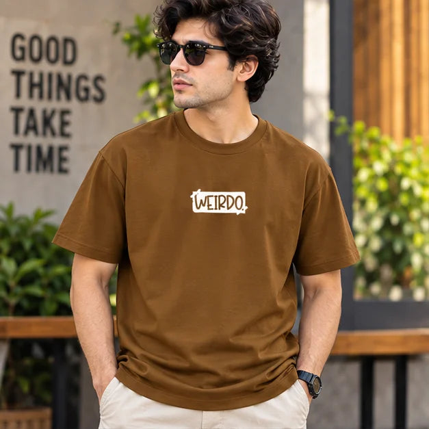 Men’s Beige WEIRDO Don’t Be Stupid Graphic Oversized T-Shirt – Front & Back Printed Streetwear Tee