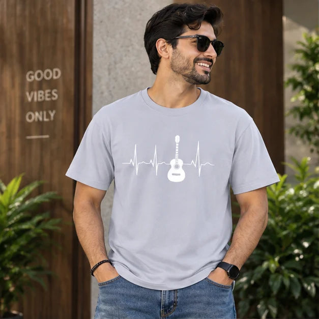 Men’s Brown Guitar Heartbeat Graphic Oversized T-Shirt – Music Inspired Streetwear Tee