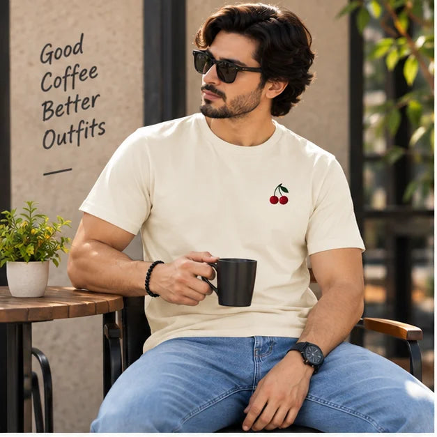 Men’s Brown Cherry Graphic Oversized T-Shirt – Minimal Streetwear Casual Tee