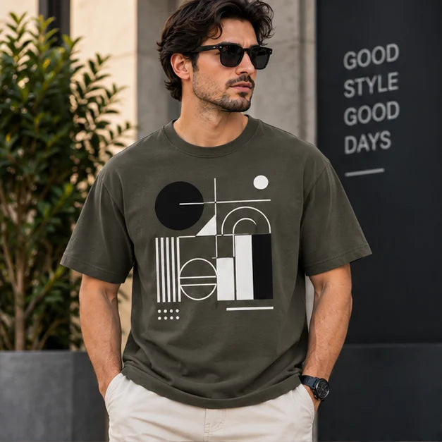 Men’s Olive Green Abstract Geometric Graphic Oversized T-Shirt – Modern Streetwear Tee