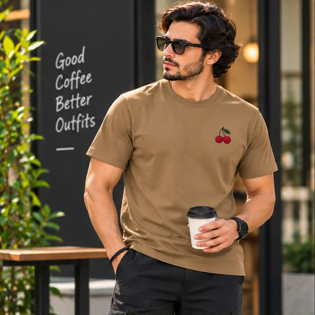 Men’s Brown Cherry Graphic Oversized T-Shirt – Minimal Streetwear Casual Tee