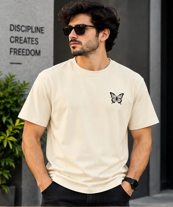 Men’s Light Grey Butterfly Graphic Oversized T-Shirt – Minimal Streetwear Tee