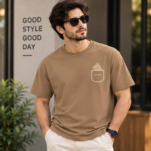 Men’s Cream Hug Me Teddy Pocket Graphic Oversized T-Shirt – Cute Minimal Streetwear Tee