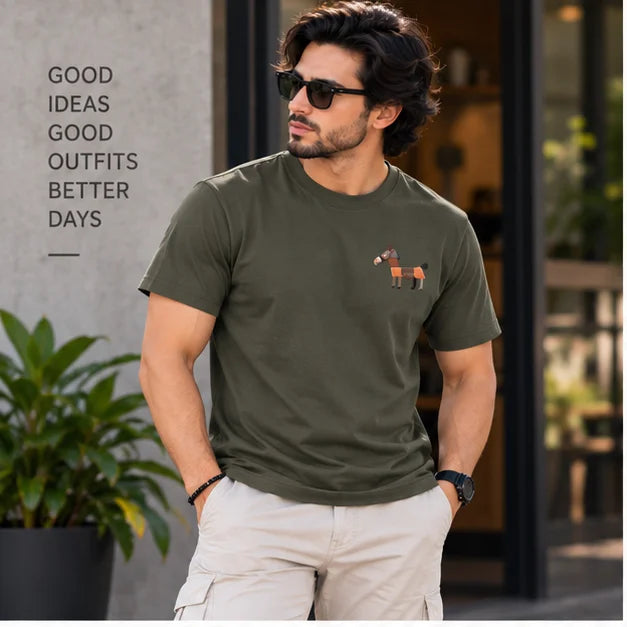 Men’s Light Grey Horse Graphic Oversized T-Shirt – Minimal Casual Streetwear Tee