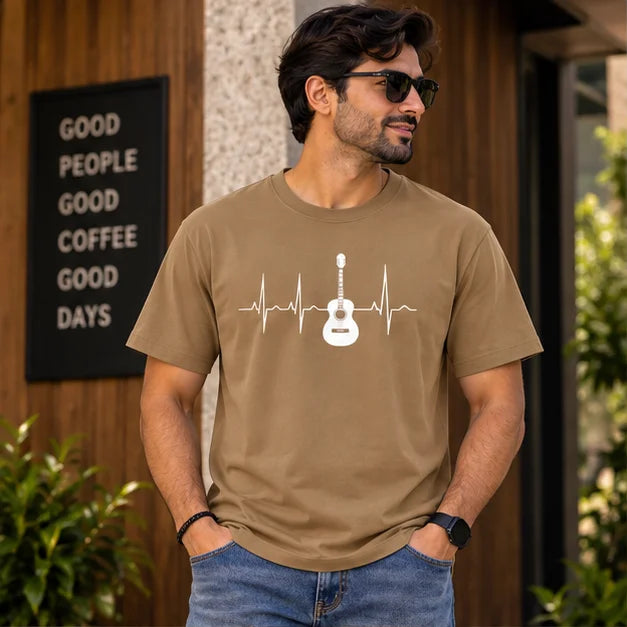 Men’s Brown Guitar Heartbeat Graphic Oversized T-Shirt – Music Inspired Streetwear Tee