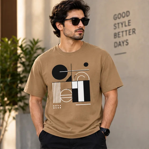 Men’s Olive Green Abstract Geometric Graphic Oversized T-Shirt – Modern Streetwear Tee