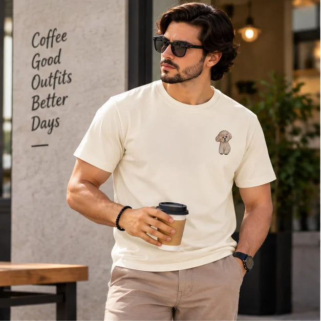 Men’s Off-White Cute Puppy Graphic Oversized T-Shirt – Minimal Casual Streetwear Tee