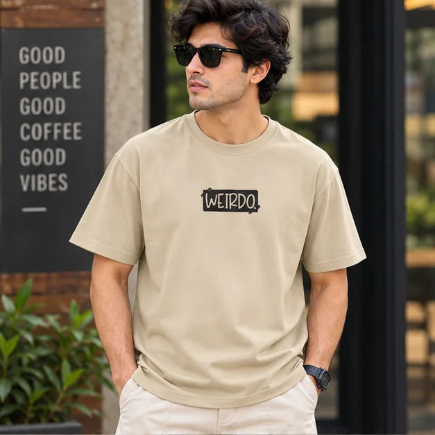 Men’s Beige WEIRDO Don’t Be Stupid Graphic Oversized T-Shirt – Front & Back Printed Streetwear Tee