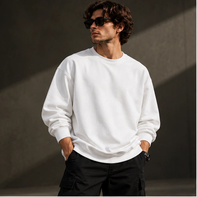Men’s Premium White Crew Neck Sweatshirt – Relaxed Fit
