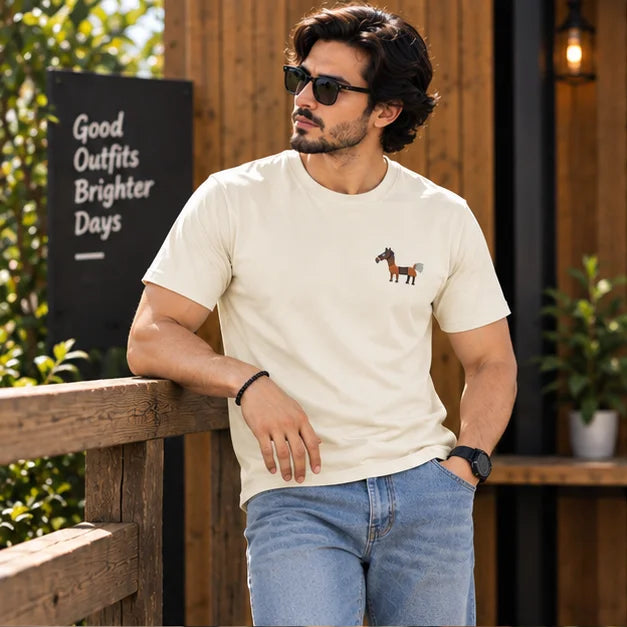 Men’s Light Grey Horse Graphic Oversized T-Shirt – Minimal Casual Streetwear Tee