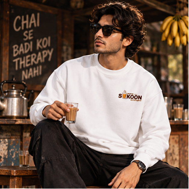 Men’s White Regular Fit Chai Graphic T-Shirt – Sukoon Indian Tea Culture Printed Tee