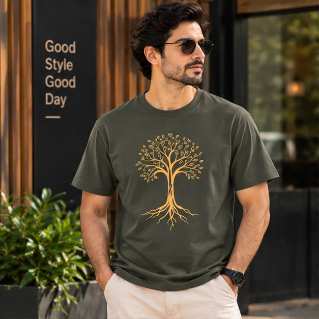 Men’s Mocha Brown Tree of Life Graphic Oversized T-Shirt – Nature Inspired Printed Tee