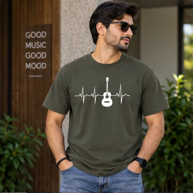 Men’s Brown Guitar Heartbeat Graphic Oversized T-Shirt – Music Inspired Streetwear Tee