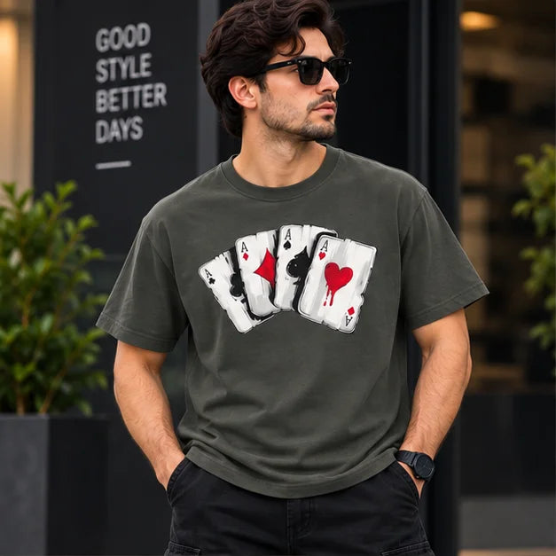 Men’s Off-White Four Aces Playing Cards Graphic Oversized T-Shirt – Streetwear Tee