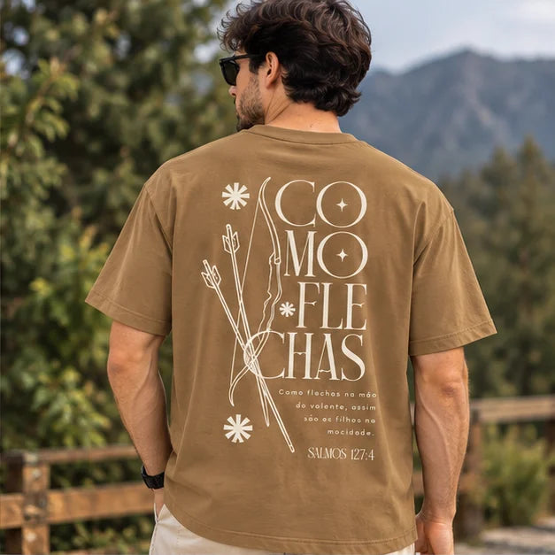 Men’s Camel Brown Como Flechas Graphic Oversized T-Shirt – Front & Back Printed Streetwear Tee