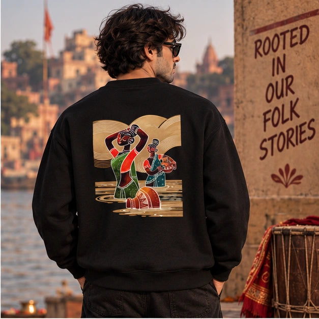 Men’s Black Indian Folk Art Graphic Sweatshirt – Front & Back Cultural Print