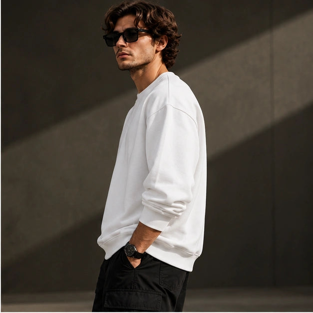 Men’s Premium White Crew Neck Sweatshirt – Relaxed Fit