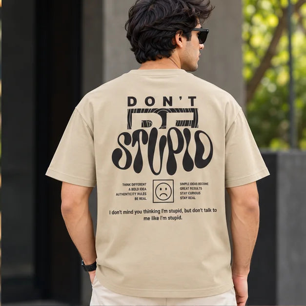 Men’s Beige WEIRDO Don’t Be Stupid Graphic Oversized T-Shirt – Front & Back Printed Streetwear Tee