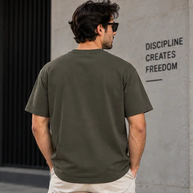 Men’s Olive Green Abstract Geometric Graphic Oversized T-Shirt – Modern Streetwear Tee