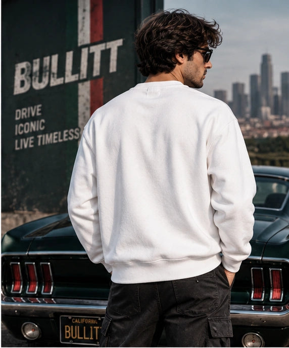 Men’s White Bullitt 1968 Classic Muscle Car Graphic Sweatshirt – Vintage Automotive Streetwear