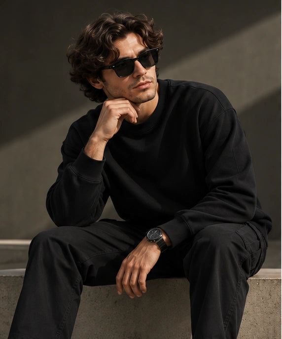 Men’s Premium Black Crew Neck Sweatshirt – Relaxed Fit