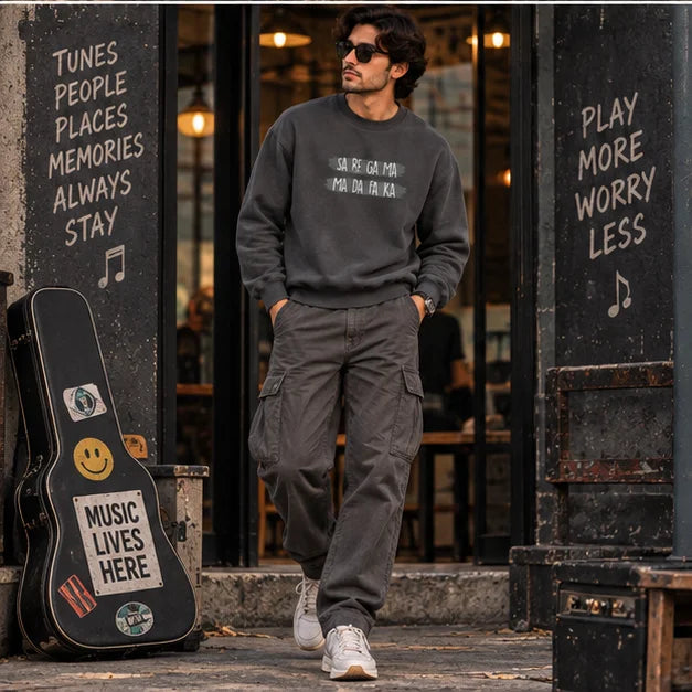 Men’s Charcoal Grey Sa Re Ga Ma Music Graphic Printed Sweatshirt – Crew Neck Casual Wear