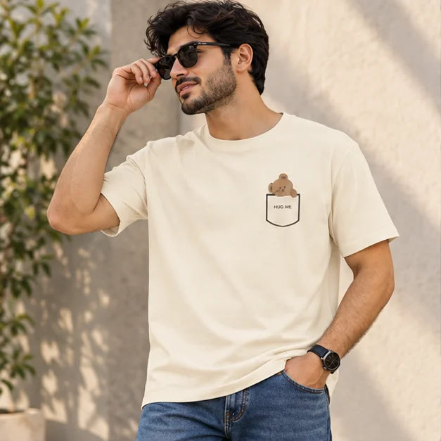 Men’s Cream Hug Me Teddy Pocket Graphic Oversized T-Shirt – Cute Minimal Streetwear Tee