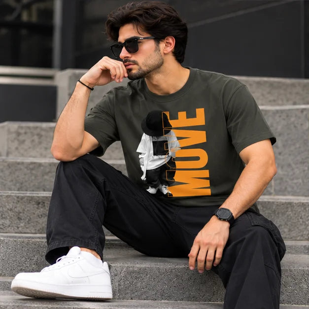Men’s Charcoal Grey MOVE Graphic Oversized T-Shirt – Urban Streetwear Printed Tee