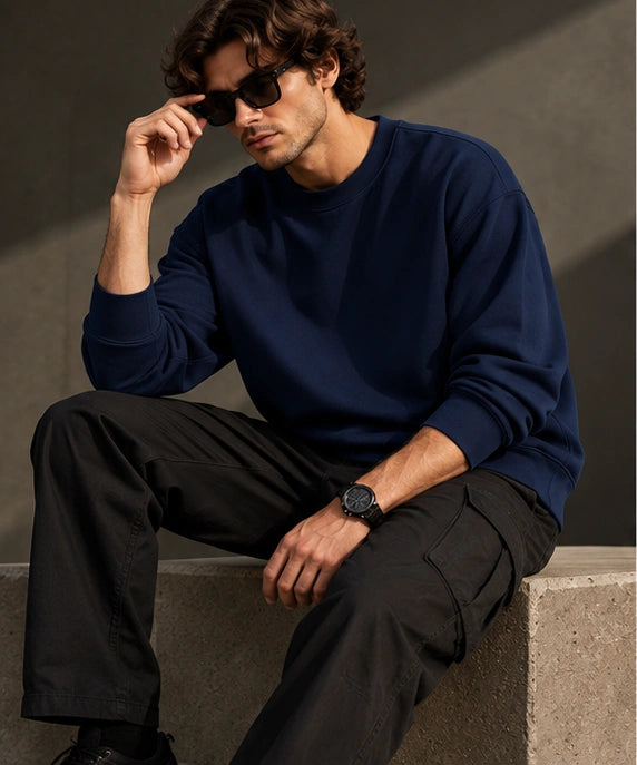 Men’s Premium Navy Blue Crew Neck Sweatshirt – Relaxed Fit