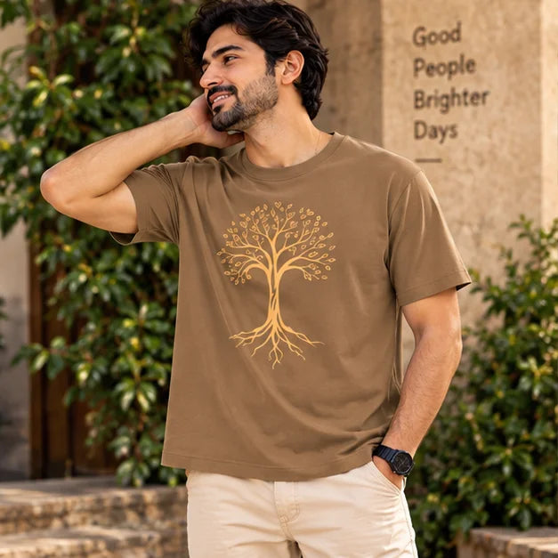 Men’s Mocha Brown Tree of Life Graphic Oversized T-Shirt – Nature Inspired Printed Tee