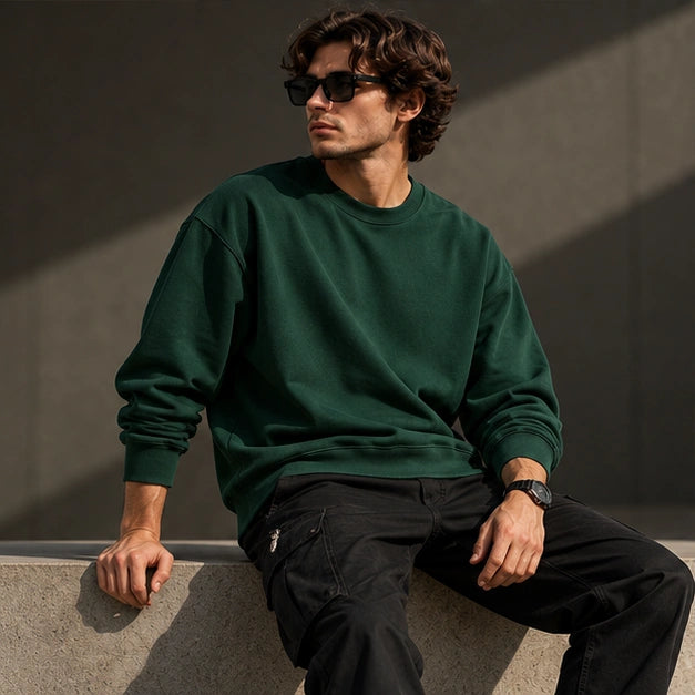 Men’s Premium Forest Green Crew Neck Sweatshirt – Relaxed Fit