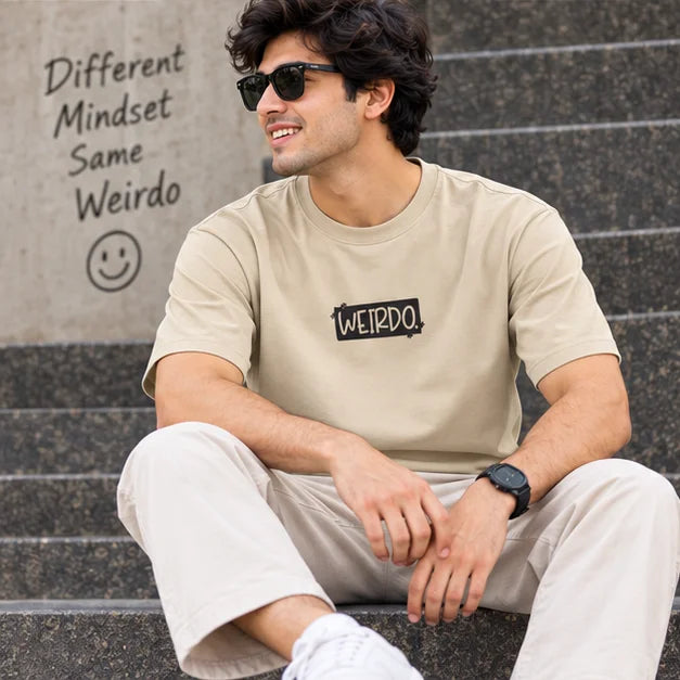 Men’s Beige WEIRDO Don’t Be Stupid Graphic Oversized T-Shirt – Front & Back Printed Streetwear Tee
