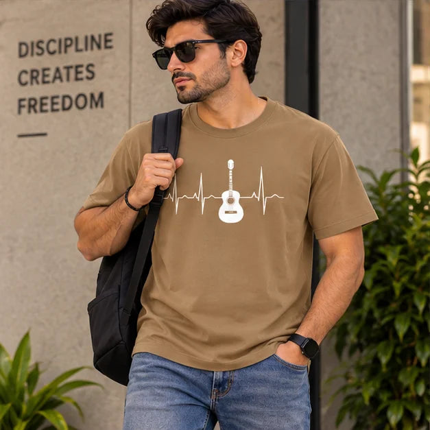 Men’s Brown Guitar Heartbeat Graphic Oversized T-Shirt – Music Inspired Streetwear Tee