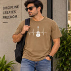 Men’s Brown Guitar Heartbeat Graphic Oversized T-Shirt – Music Inspired Streetwear Tee