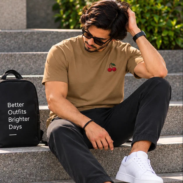 Men’s Brown Cherry Graphic Oversized T-Shirt – Minimal Streetwear Casual Tee
