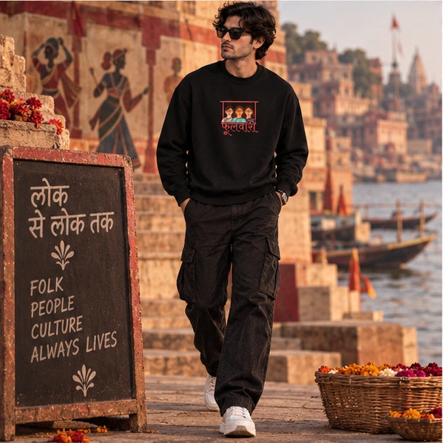 Men’s Black Indian Folk Art Graphic Sweatshirt – Front & Back Cultural Print