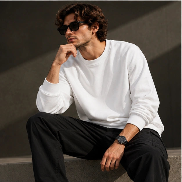 Men’s Premium White Crew Neck Sweatshirt – Relaxed Fit