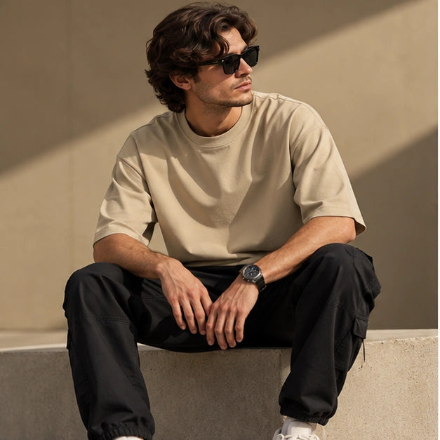 Men’s Premium Light Beige Oversized T-Shirt – Relaxed Streetwear Fit