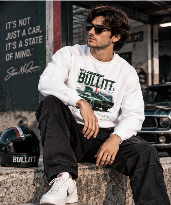 Men’s White Bullitt 1968 Classic Muscle Car Graphic Sweatshirt – Vintage Automotive Streetwear