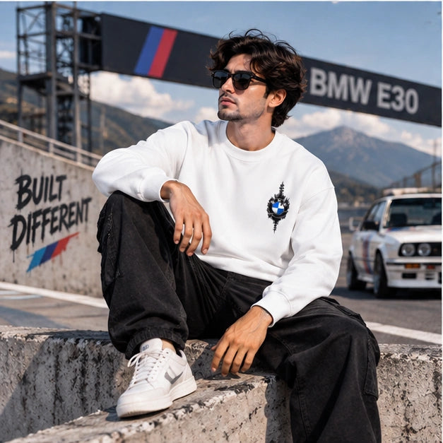 Men’s White BMW E30 Car Graphic Printed Sweatshirt – Premium Crew Neck Streetwear