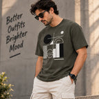 Men’s Olive Green Abstract Geometric Graphic Oversized T-Shirt – Modern Streetwear Tee