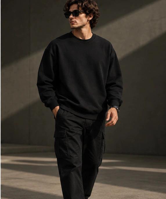 Men’s Premium Black Crew Neck Sweatshirt – Relaxed Fit