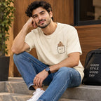 Men’s Cream Hug Me Teddy Pocket Graphic Oversized T-Shirt – Cute Minimal Streetwear Tee