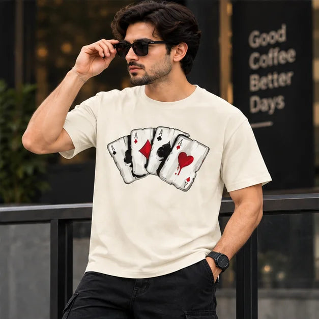 Men’s Off-White Four Aces Playing Cards Graphic Oversized T-Shirt – Streetwear Tee