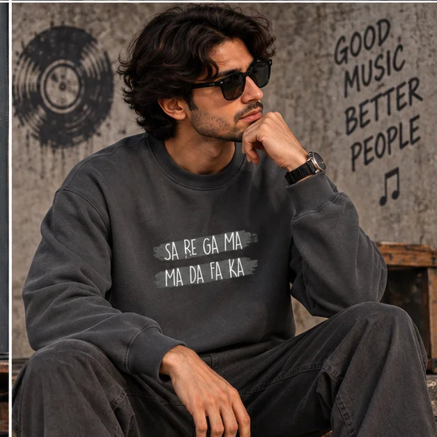 Men’s Charcoal Grey Sa Re Ga Ma Music Graphic Printed Sweatshirt – Crew Neck Casual Wear